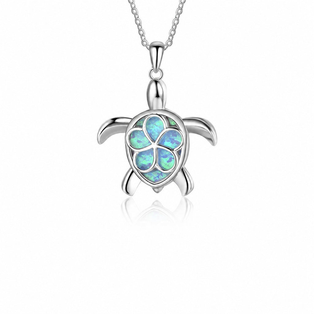 Blue-Green Opal Sea Turtle Pendant Necklace  925 Sterling Silver Animal Necklace