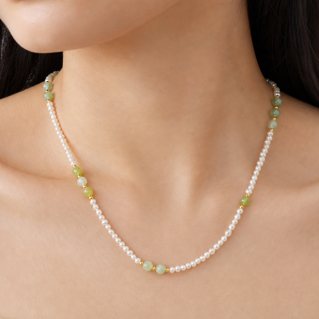 Minimalist Light Green Jade Small Freshwater Pearl Gold Beaded Adjustable 925 Sterling Silver Necklace