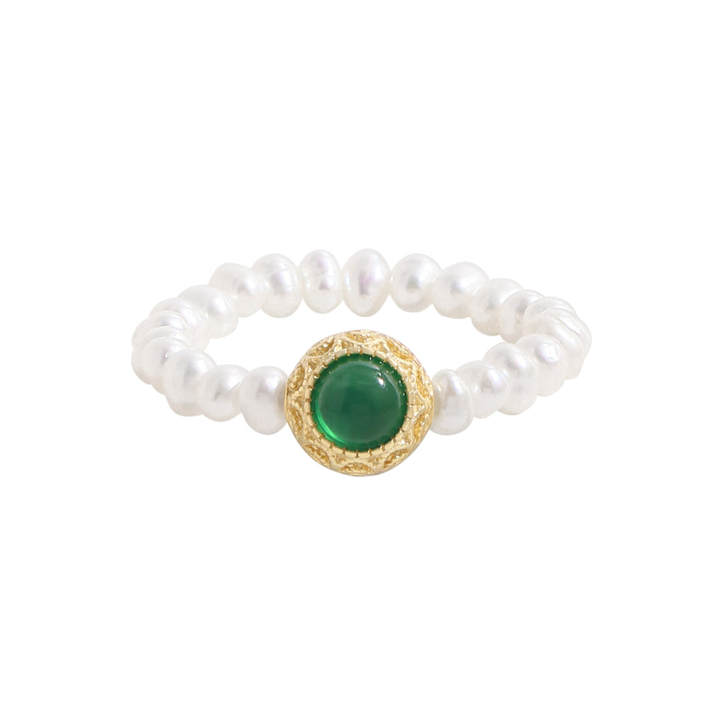 Women Elegant Round Green CZ Natural Pearls 925 Sterling Silver Ring