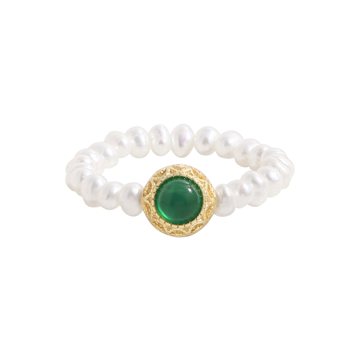 Women Elegant Round Green CZ Natural Pearls 925 Sterling Silver Ring