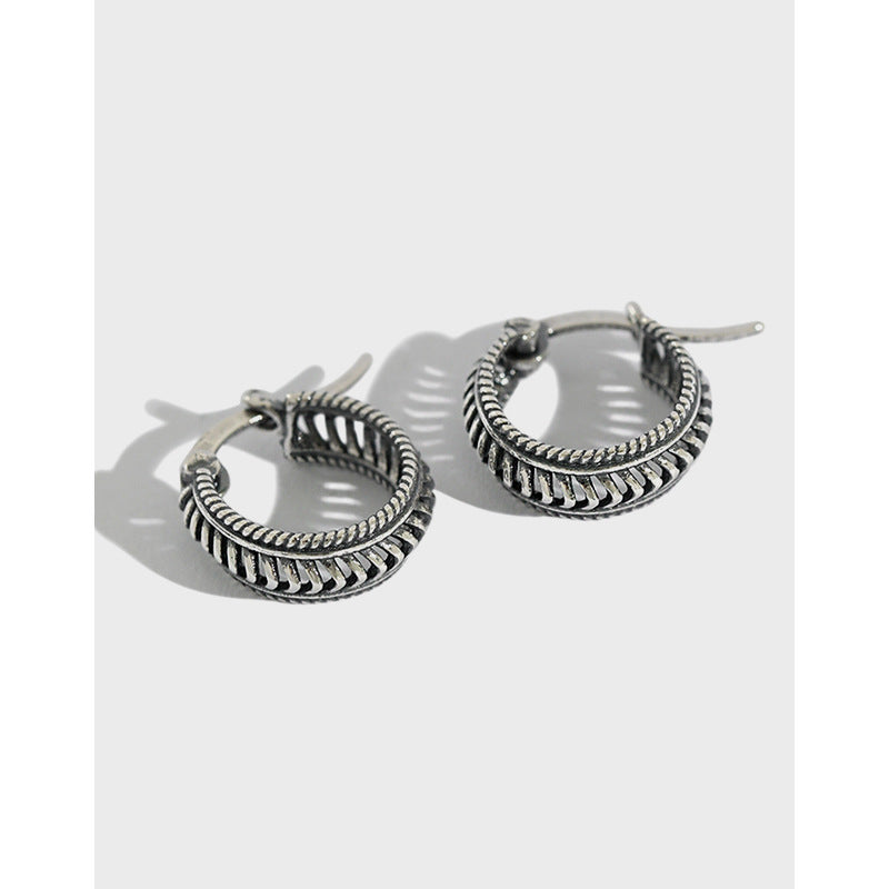 PENDIENTES Vintage Twisted Rope Braided Antique Silver S925 Sterling Silver Huggie Hoop Earrings