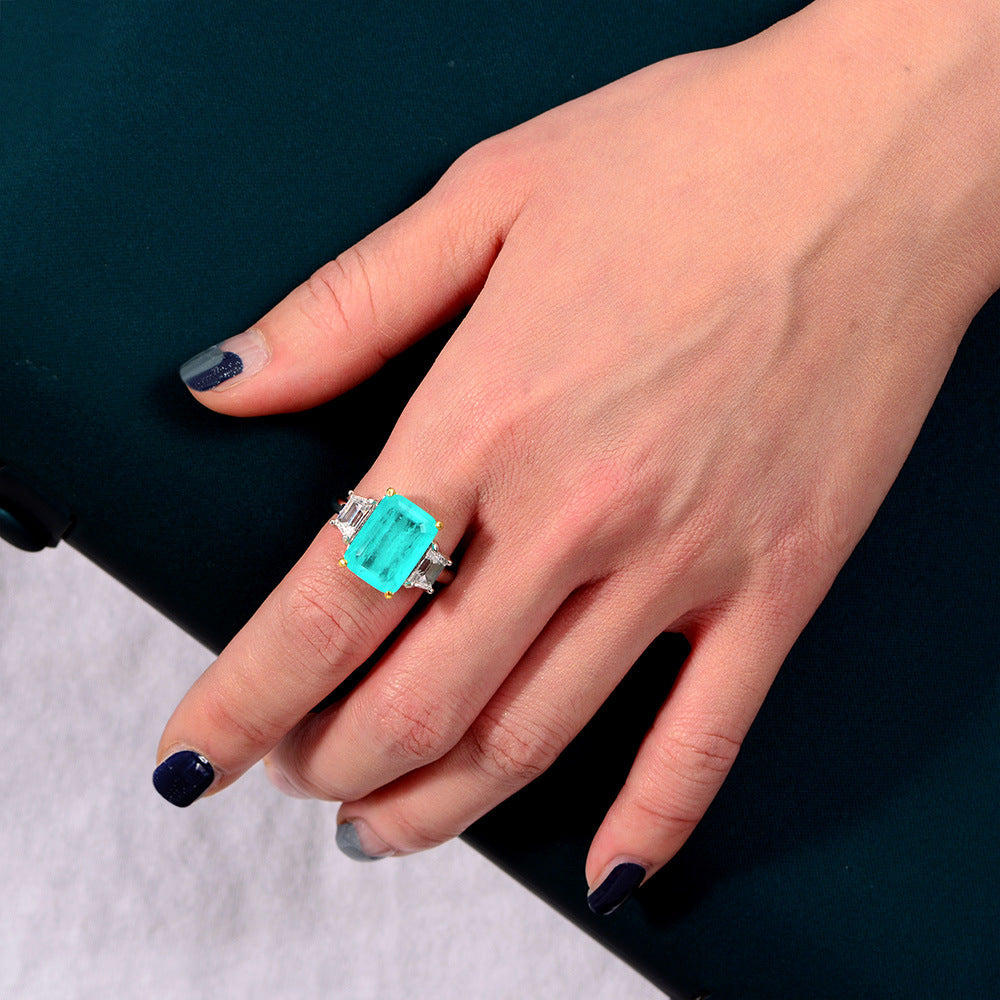 Anillo de tres piedras de plata esterlina 925 con zafiro sintético azul Paraíba rectangular