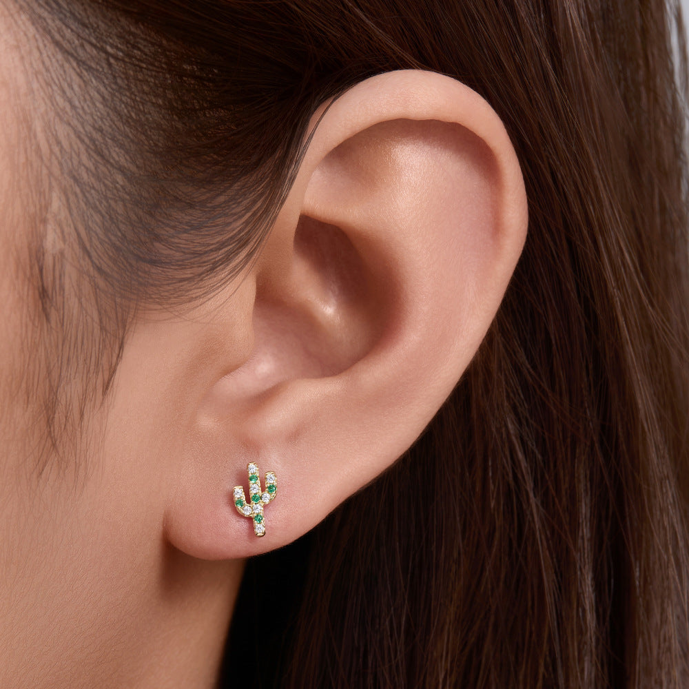 Pendientes de cactus con circonia cúbica verde y transparente en plata de ley 925