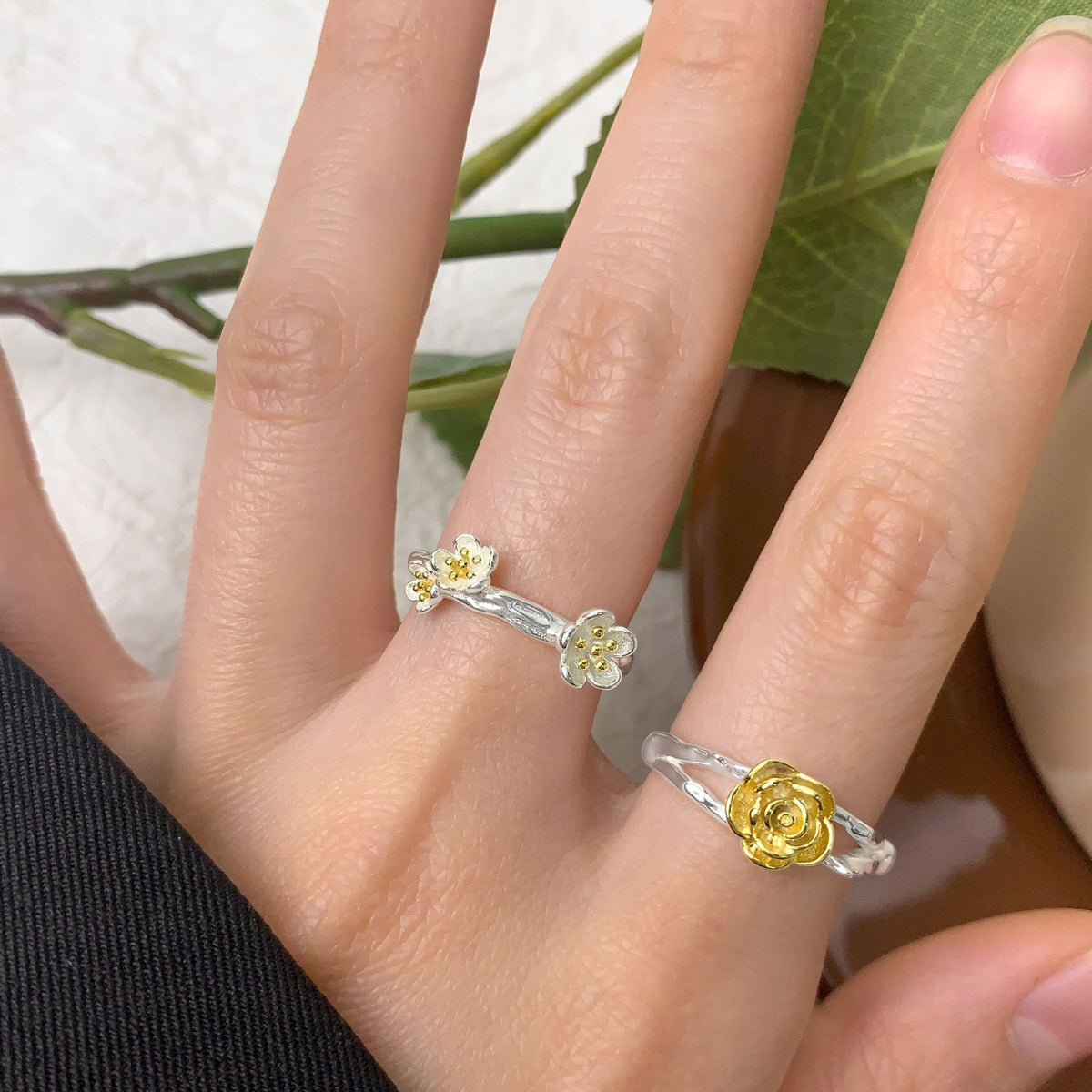 Beautiful Plum Blossom Flower 925 Sterling Silver Adjustable Ring