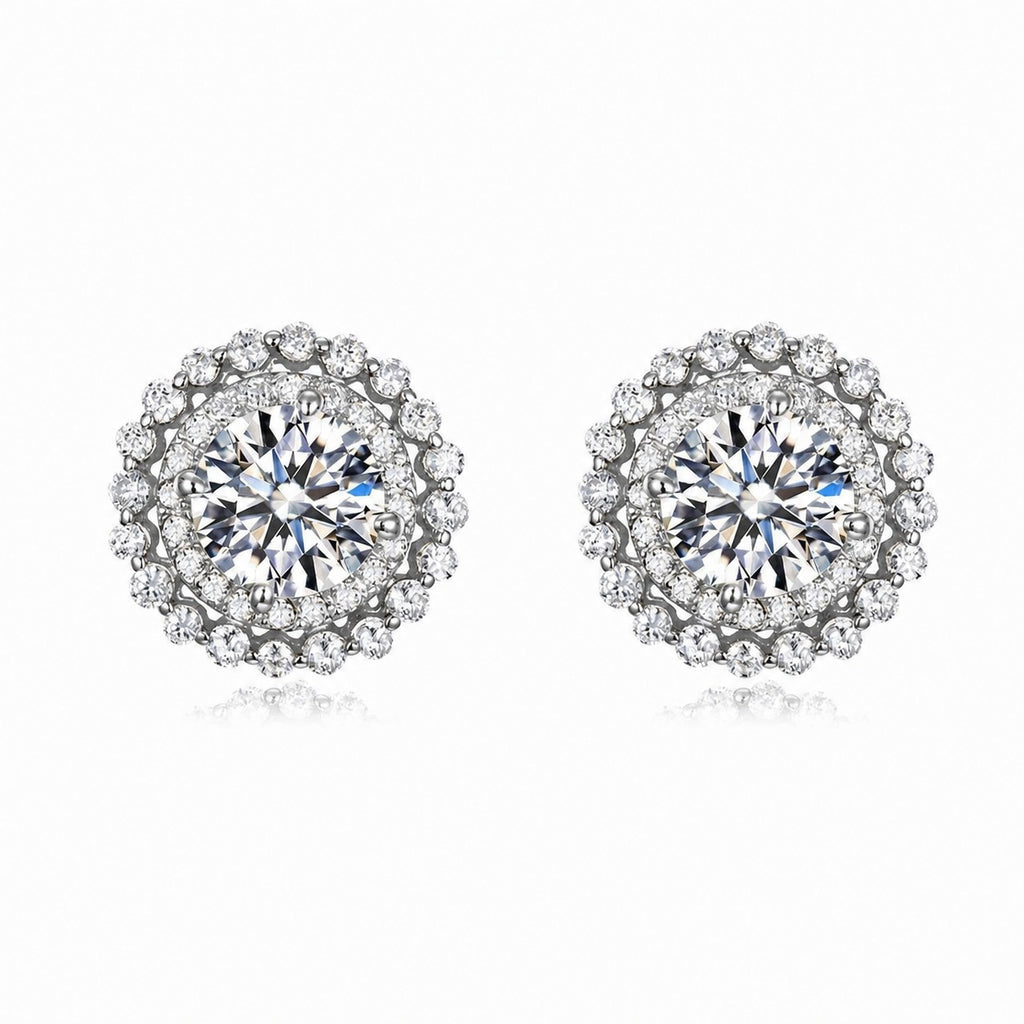 Moissanite Double-Layer Halo Round 925 Sterling Silver Stud Earrings
