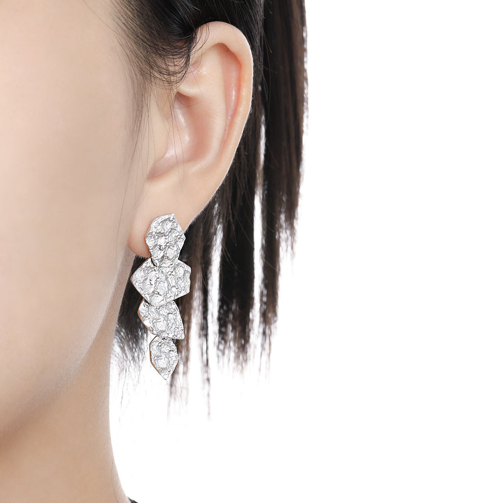 Women Elegant Unique Style Geometric Irregular Textured Tassel Design in 925 Sterling Silver Silver Dangle Earrings