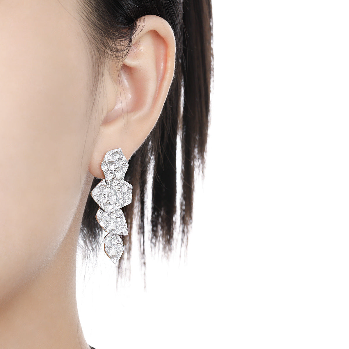 Women Elegant Unique Style Geometric Irregular Textured Tassel Design in 925 Sterling Silver Silver Dangle Earrings