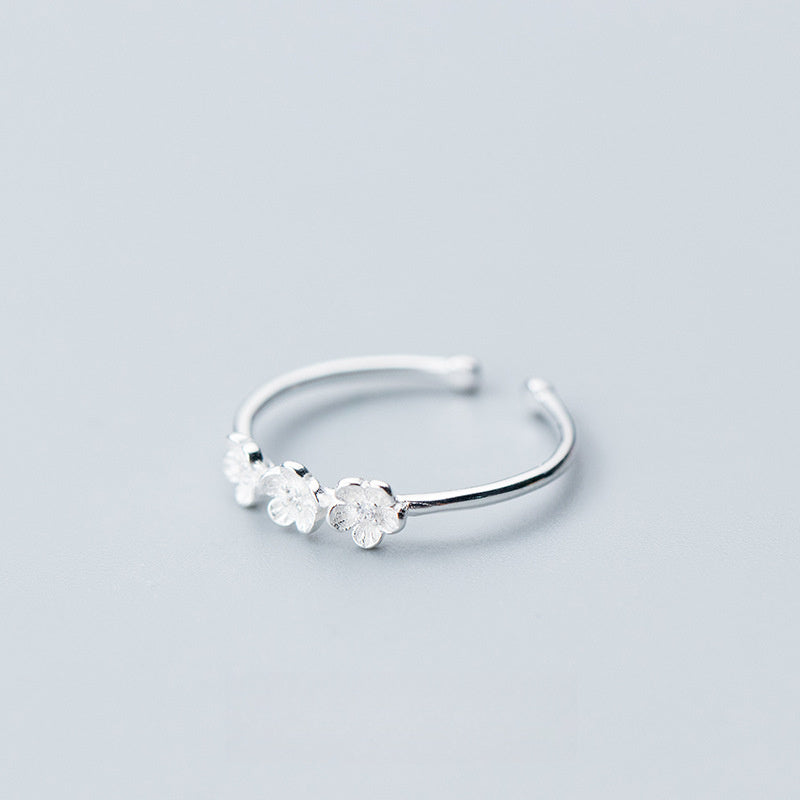 Triple Cherry Blossom Flower Cubic Zirconia S925 Sterling Silver Adjustable Open Ring