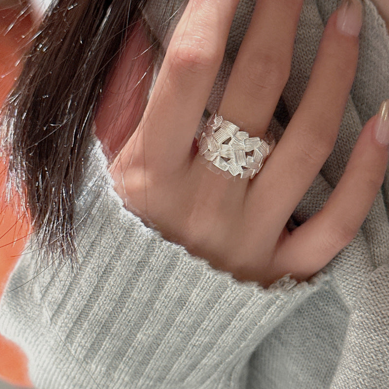 Geometric Pattern Matte Finish 925 Sterling Silver Adjustable Ring