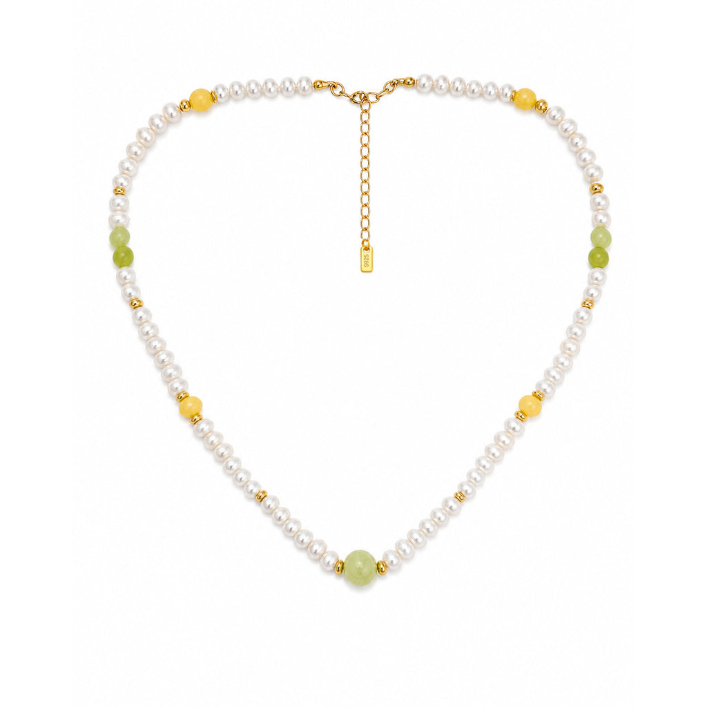 Cream White Pearl Warm Yellow Natural Jade Beaded Strand 925 Sterling Silver Necklace