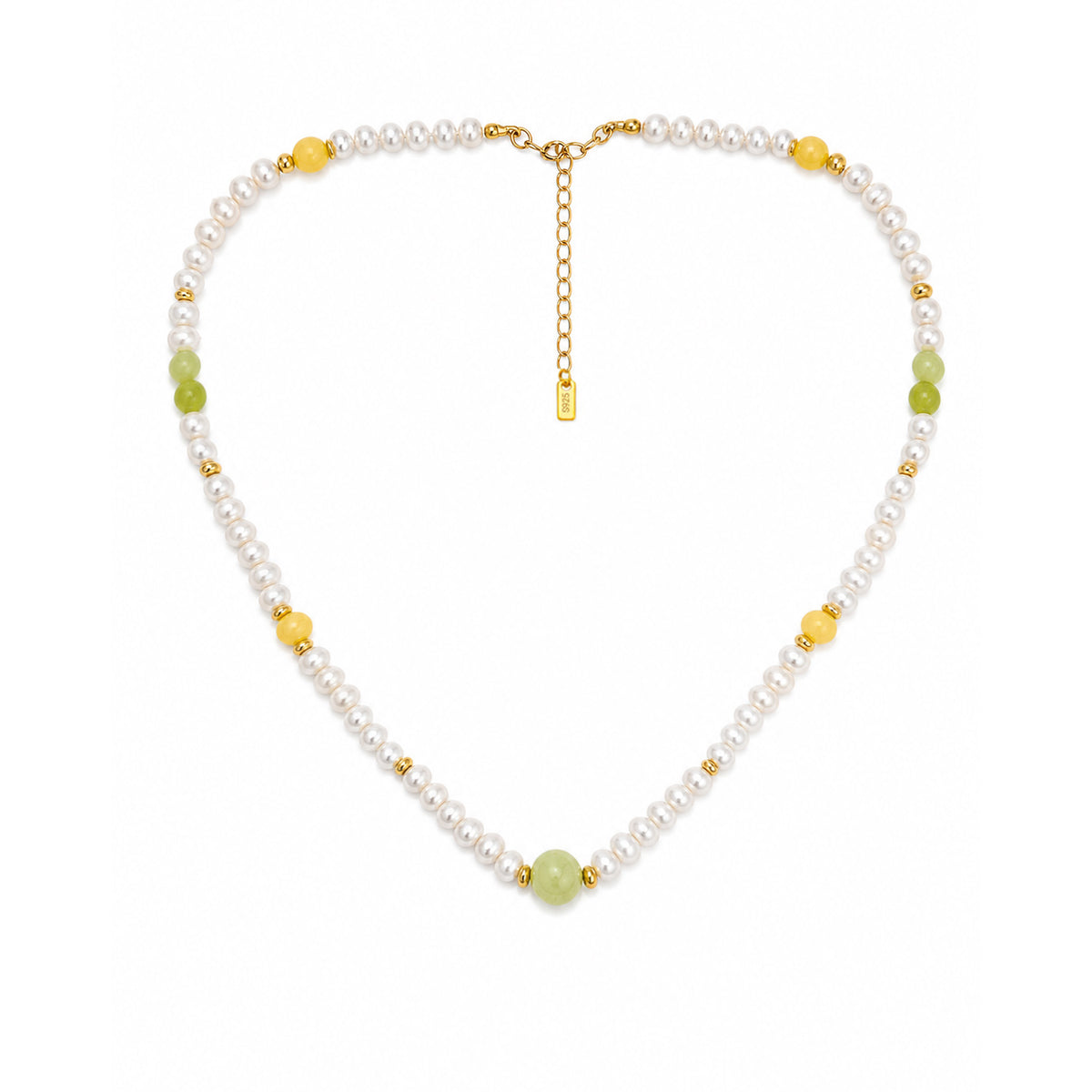Cream White Pearl Warm Yellow Natural Jade Beaded Strand 925 Sterling Silver Necklace