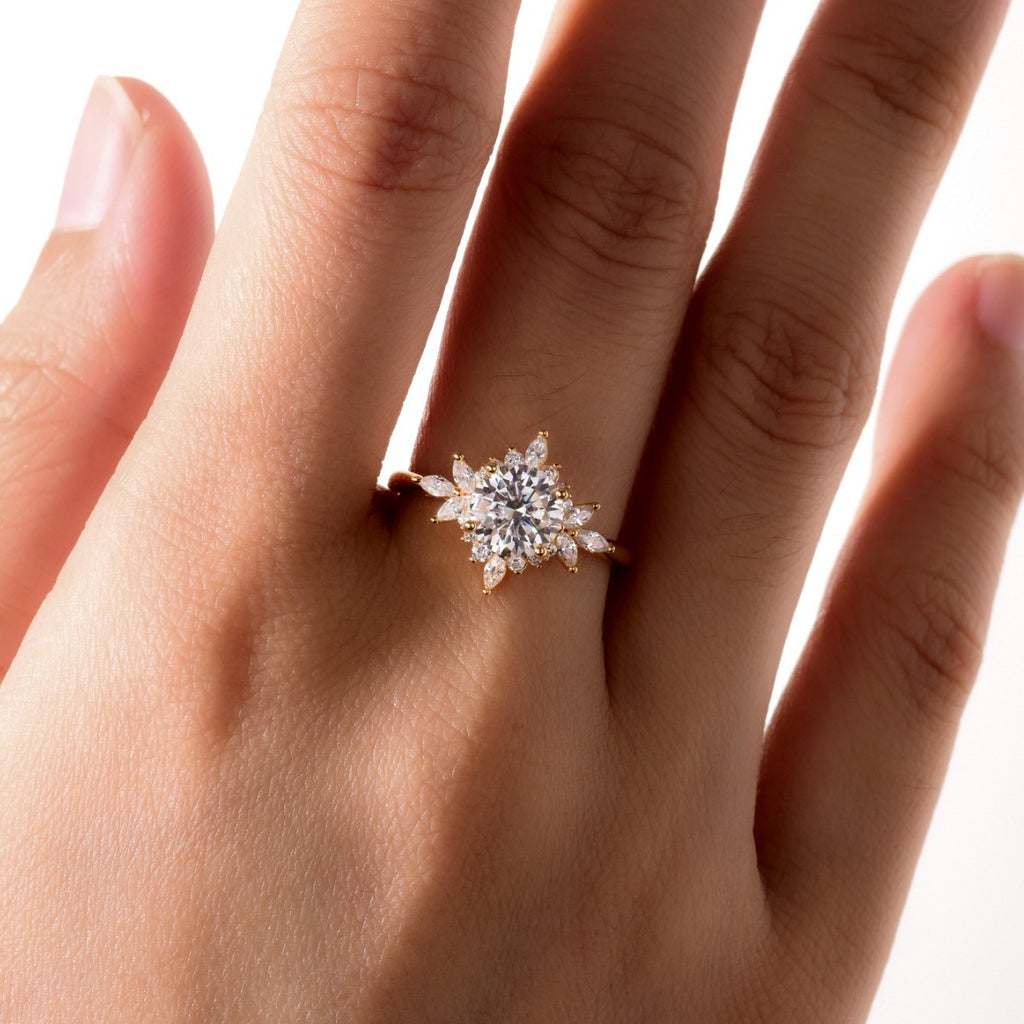 Round Center Stone Sunflower Moissanite 925 Sterling Silver Ring