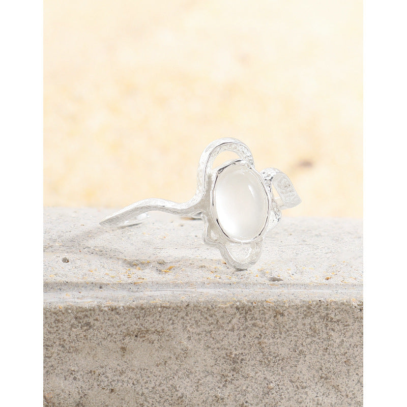 Geometric Design White Agate Stone S925 Sterling Silver Open Adjustable Ring