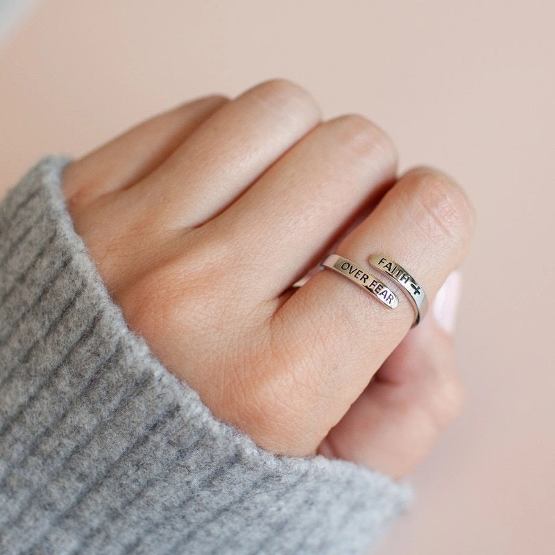 Anillo Religioso de Cruz de Fe de Plata Esterlina 925 Ajustable de Banda Abierta