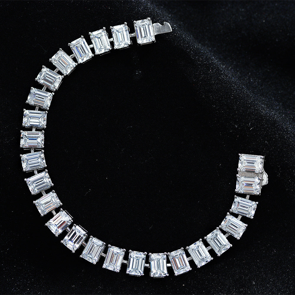 Pulsera de tenis de plata S925 con diamante de alto carbono corte esmeralda claro, piedras rectangulares de 5 mm x 7 mm, pulsera de línea elegante y clásica de moda con cierre de caja, regalo para boda, fiesta o aniversario