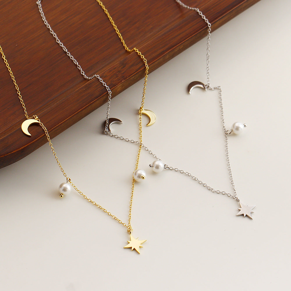 Cadena, Colgante en forma de O con perla, luna, media luna y anís estrellado en plata esterlina 925