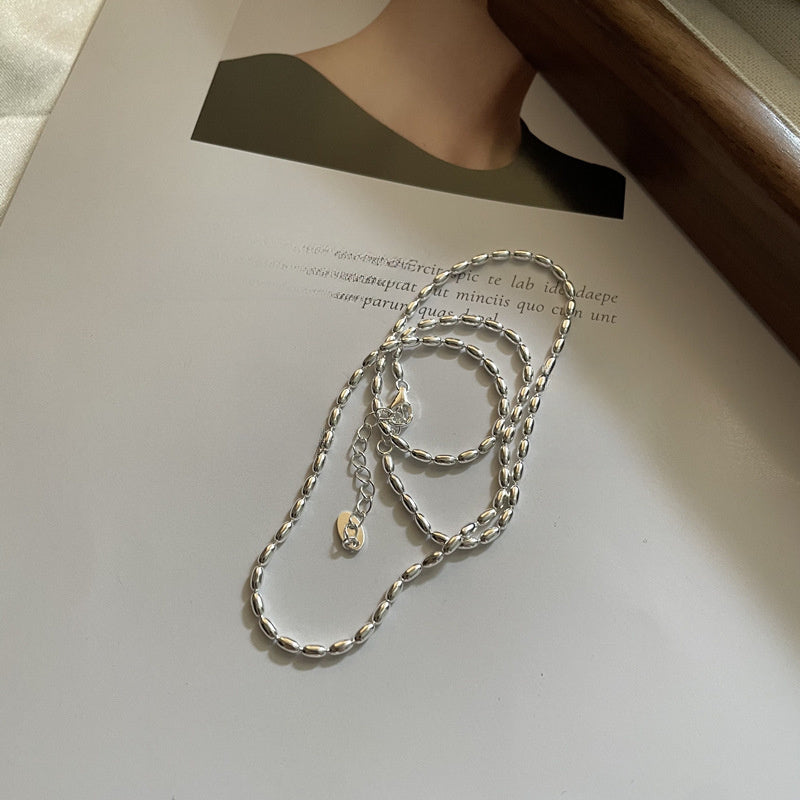 Polished Modern Olive Silver 925 Sterling Silver Minimalist Adjustable Collarbone Bead Chain Necklace