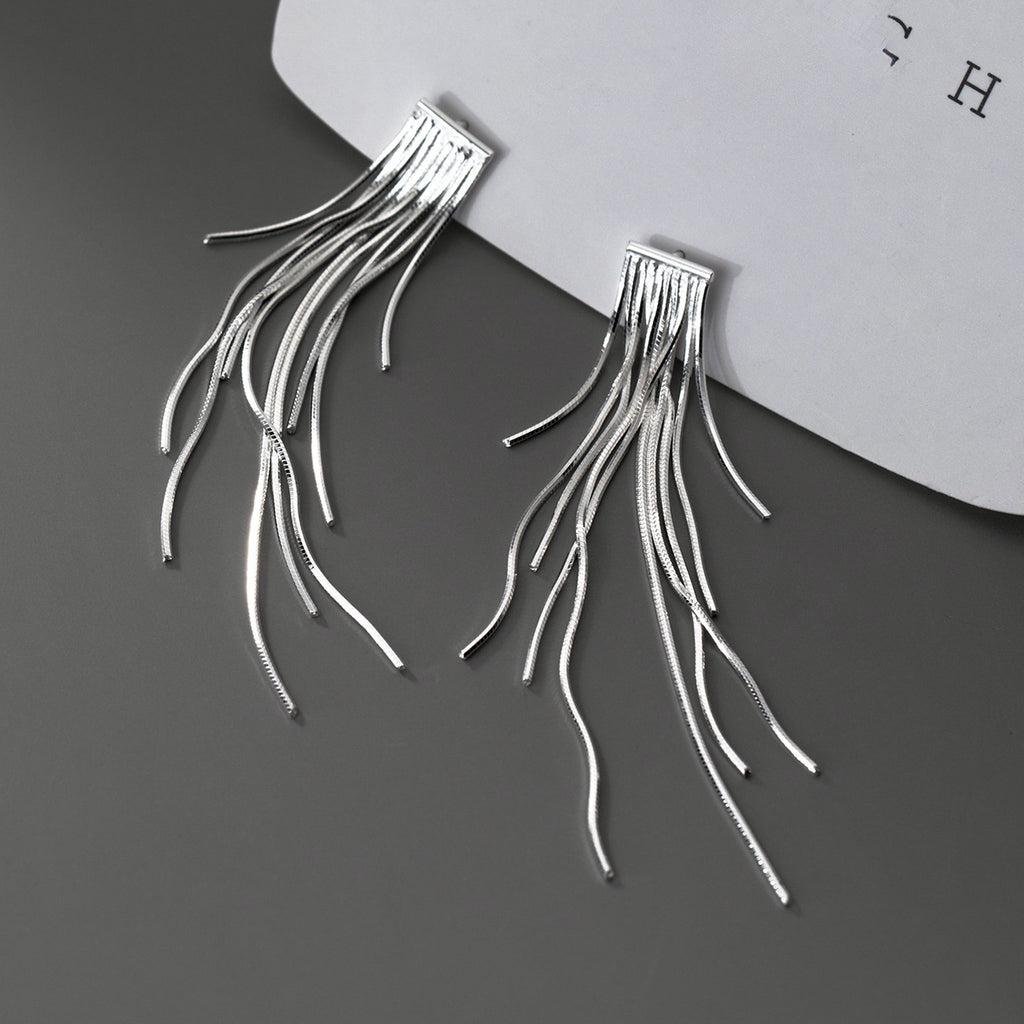 Geometric Line Drop Design S925 Silver Long Snake Chain Tassel Stud Earrings