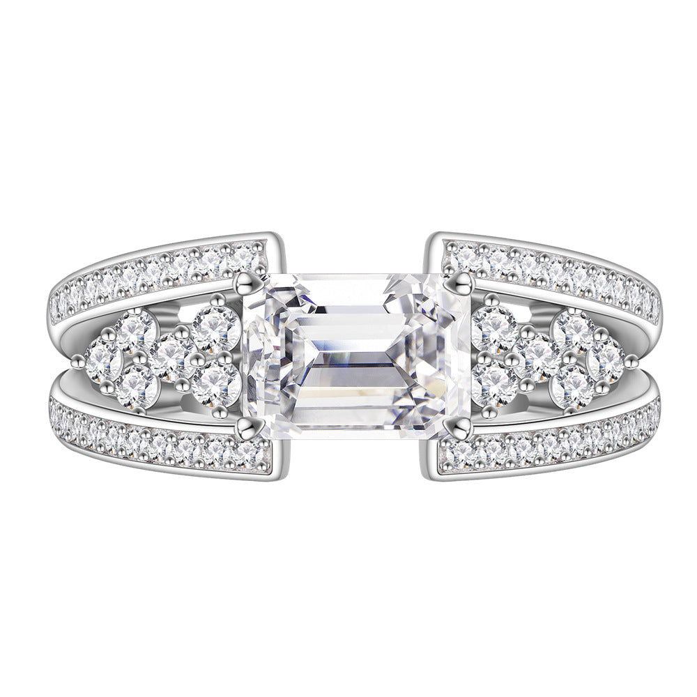 White Emerald Cut High Carbon Cubic Zirconia Geometric Double Band Side Cluster 925 Sterling Silver Ring