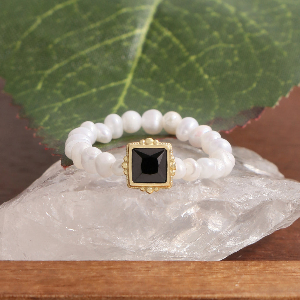 Women Elegant Black Square CZ Natural Pearls 925 Sterling Silver Ring