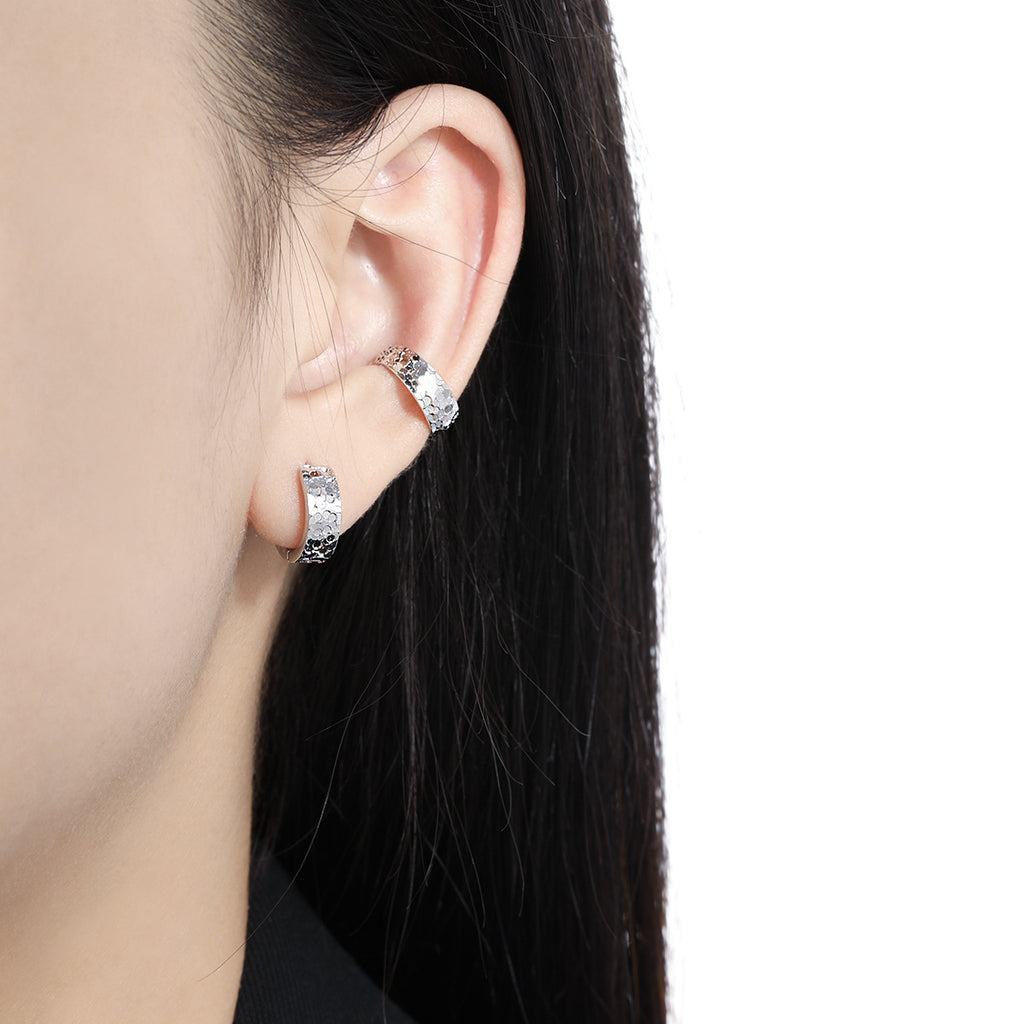 Office Mini Scale Carved 925 Sterling Silver Hoop Earrings
