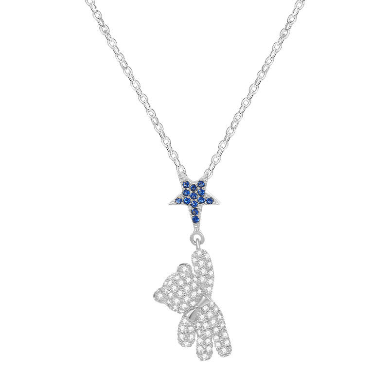 Cute Bear Hanging from Star 925 Sterling Silver Luxury Long Sweater Clavicle Pendant Necklace