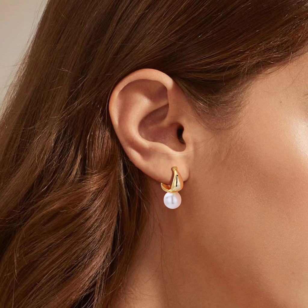 Elegant Geometric Design 925 Sterling Silver with Gold Plating Natural Pearl Drop Earrings