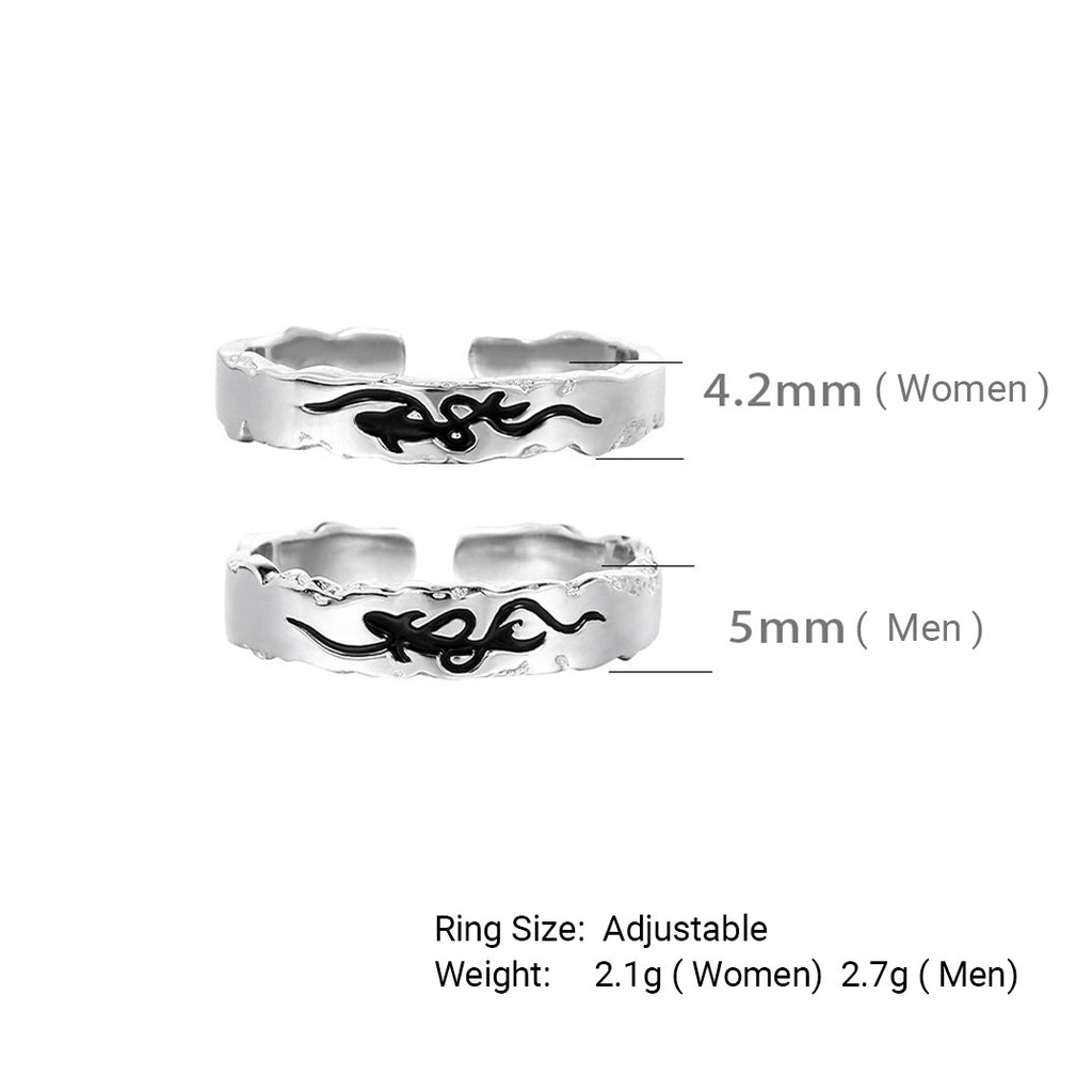 Pisces Chasing the Waves  S925 Sterling Silver Adjustable Couple's Ring Set with Black Enamel Openwork Rings