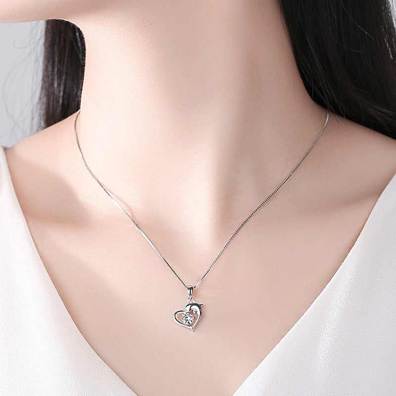 Dolphin Heart Shaped Zircon 925 Sterling Silver Pendant