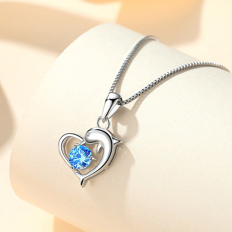 Dolphin Heart Shaped Zircon 925 Sterling Silver Pendant