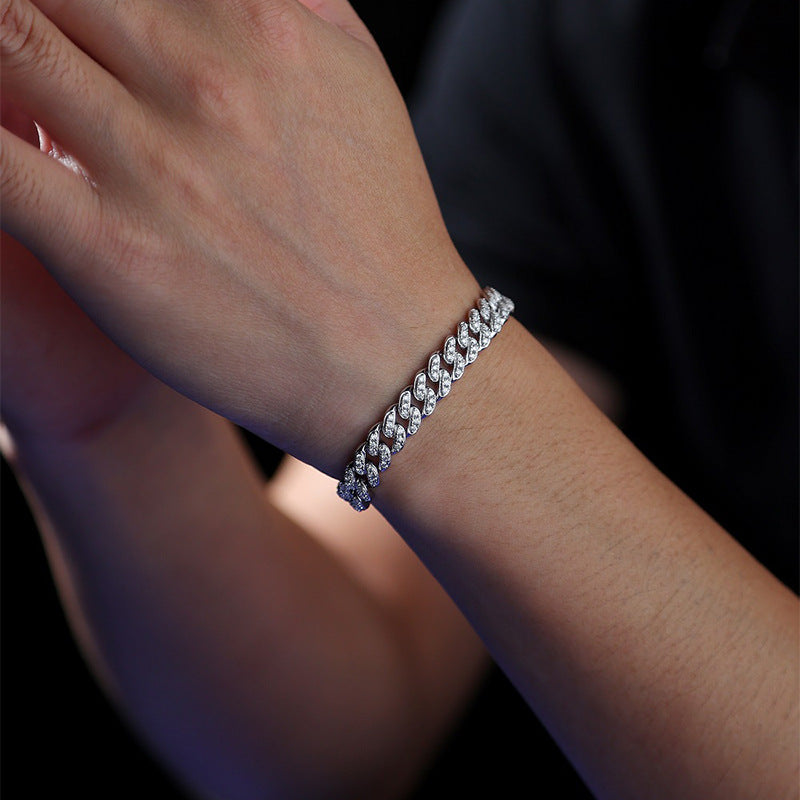 Pulsera geométrica cubana de moissanita de 8 mm en plata esterlina S925 con piedras redondas totalmente engastadas, cadena hip hop con cierre de caja, para mujer, regalo de joyería de moda para fiestas