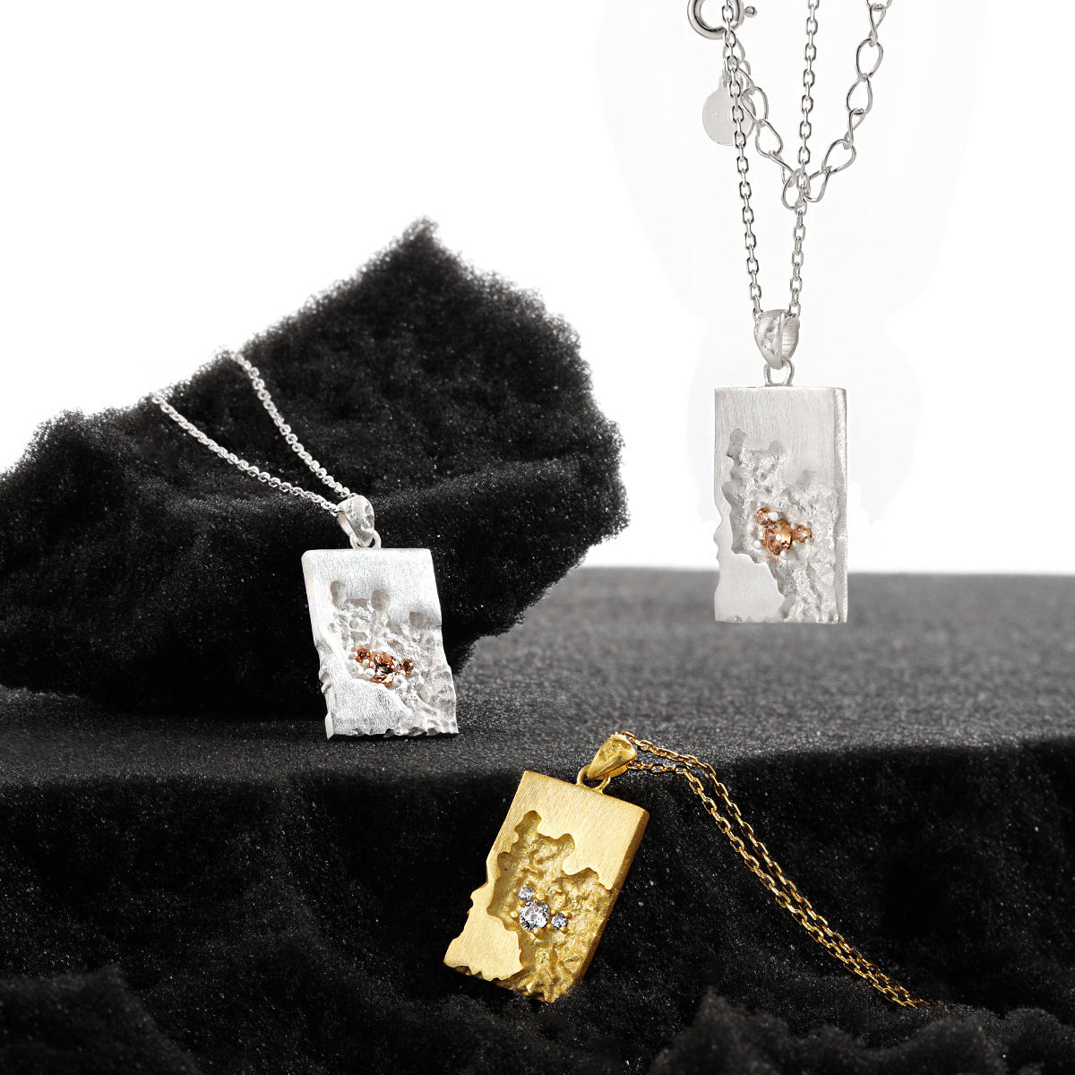 Unique Geometric Design Cubic Zirconia Textured Silver 925 Sterling Silver Pendant Necklace