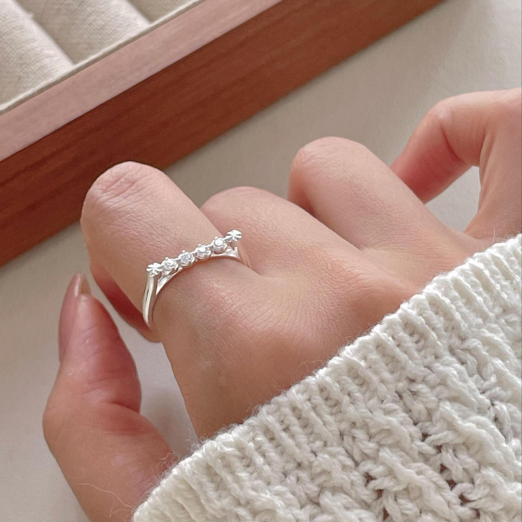 Holiday Round CZ Lines 925 Sterling Silver Adjustable Ring