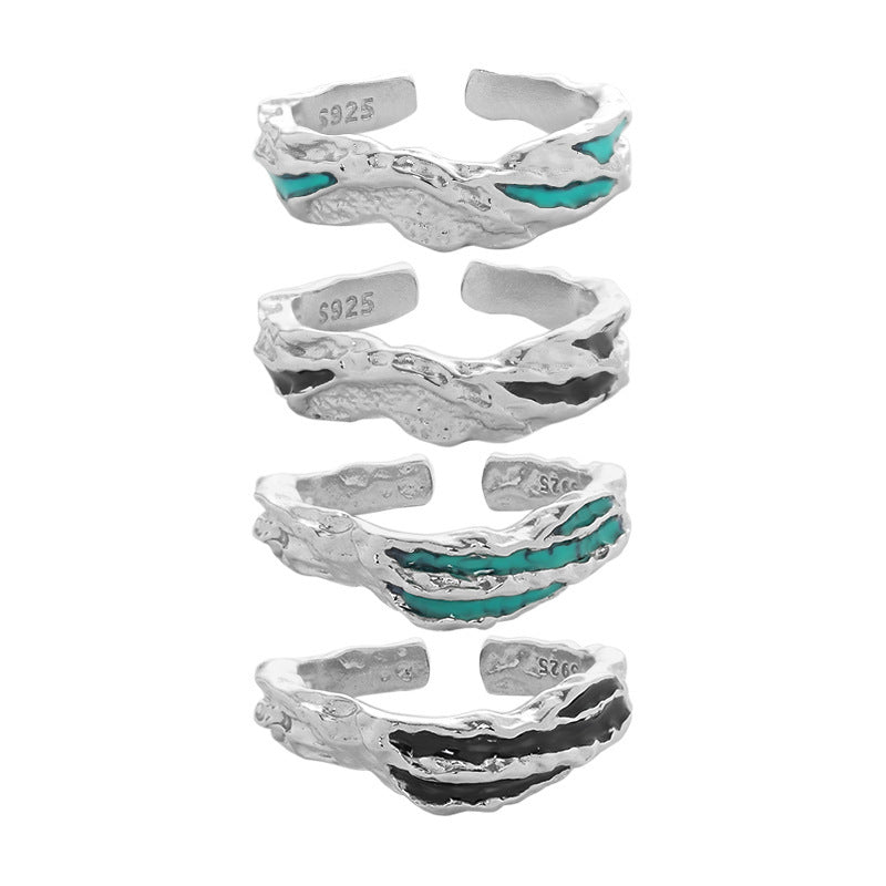 Irregular Textured Geometric Teal And Black Enamel Pure Metal 925 Sterling Silver Adjustable Open Ring