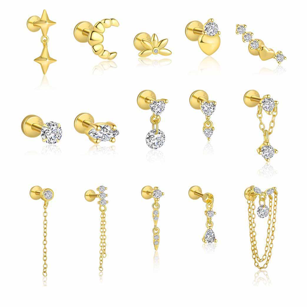 Fashion Golden CZ Heart Moon Star Flower Chain Tasselsyt6 925 Sterling Silver Stud Earrings