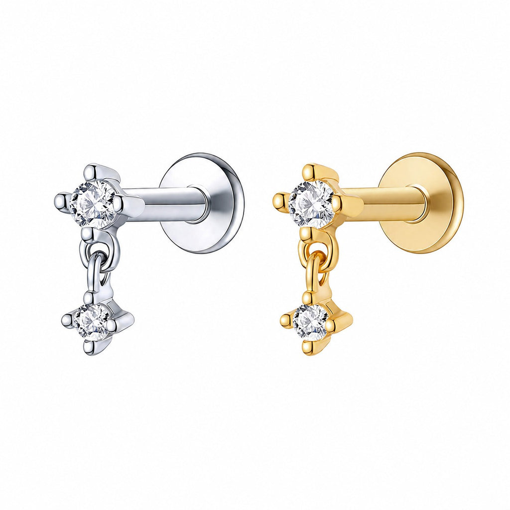 Double Round Cubic Zirconia 925 Sterling Silver Internal Thread Flat Back Cartilage Dangle Ear Stud Earrings (Single)