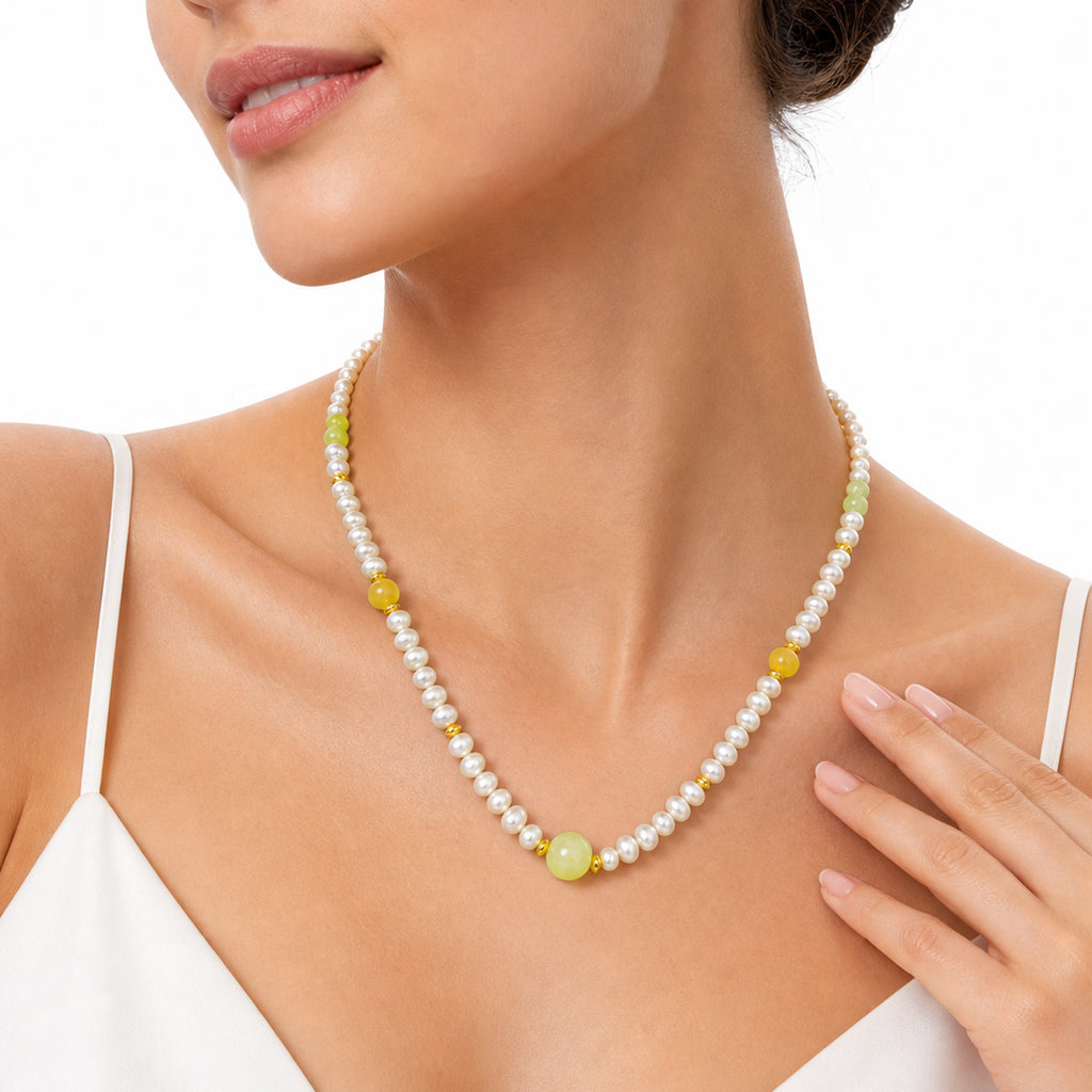 Cream White Pearl Warm Yellow Natural Jade Beaded Strand 925 Sterling Silver Necklace