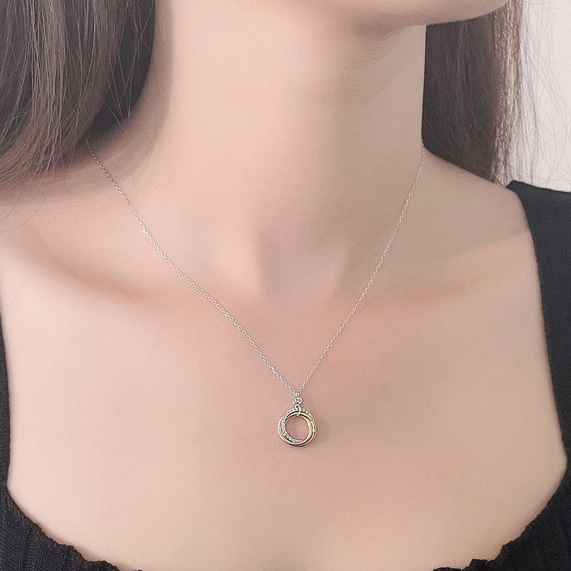 Cubic Zirconia Geometric  S925 Sterling Silver Triple Interlocking Circle Pendant Necklace