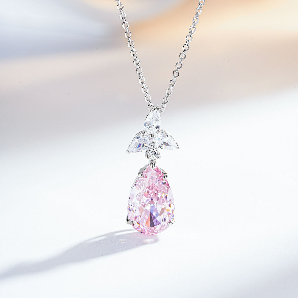 Elegant Teardrop Cubic Zirconia Pendant Necklace with 925 Sterling Silver Chain for Women Fashion Jewelry in Pink Blue and Yellow Variants