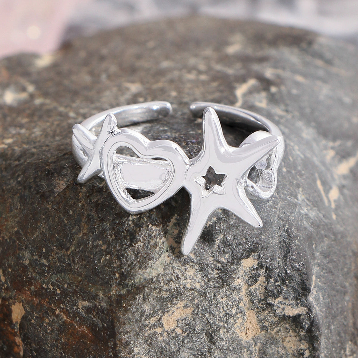Girl Hollow Moonstone Stars Heart 925 Sterling Silver Adjustable Ring