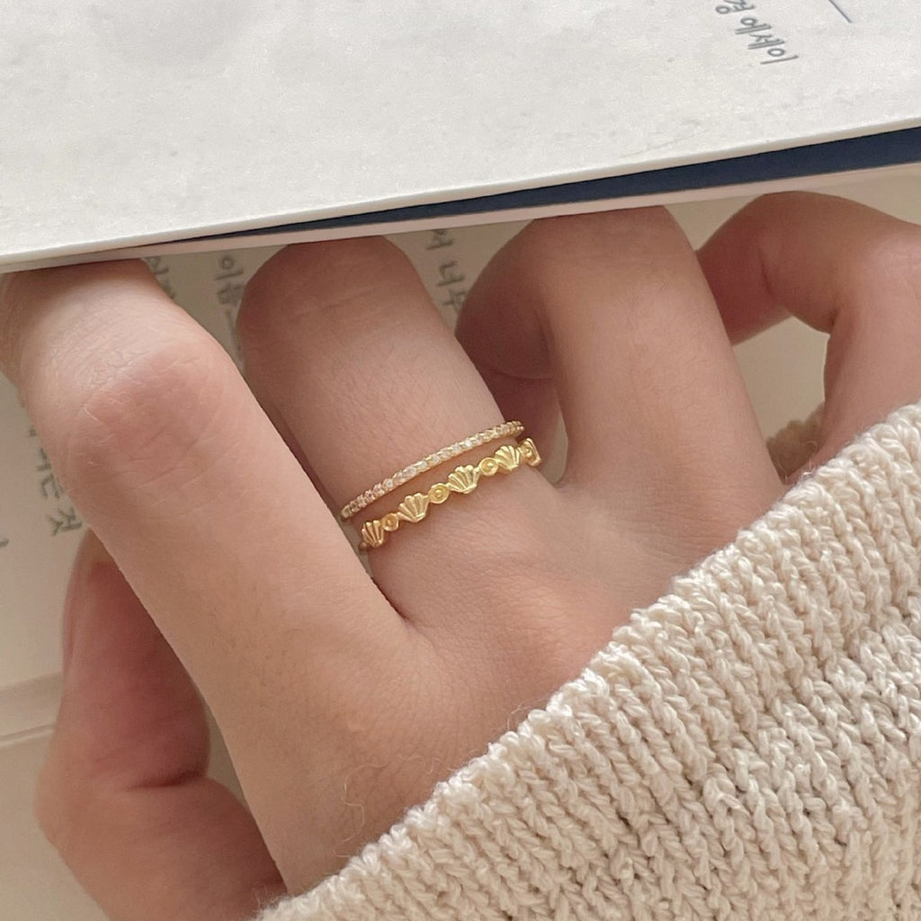 Women Fashion Double Layers CZ Shell 925 Sterling Silver Adjustable Ring