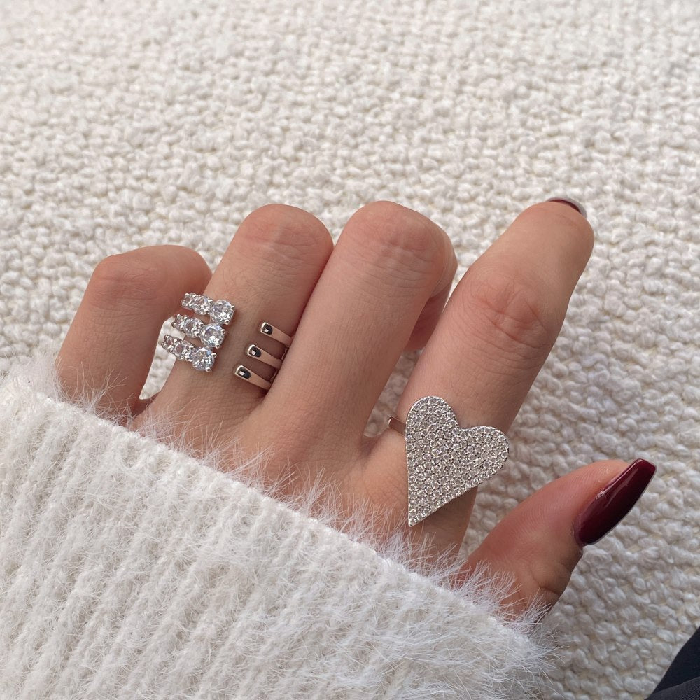 Anniversary Micro Setting CZ Heart Claws 925 Sterling Silver Adjustable Ring