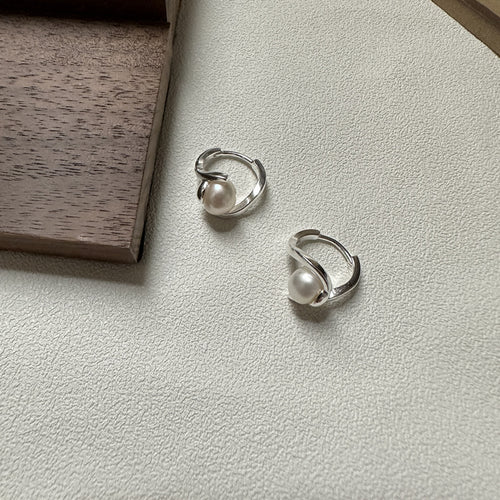 925 Sterling Silver Geometric Pearl Twisted Hoop Earrings