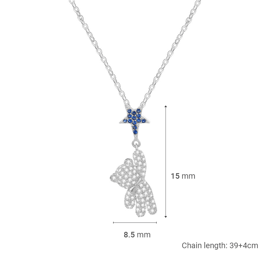 Cute Bear Hanging from Star 925 Sterling Silver Luxury Long Sweater Clavicle Pendant Necklace