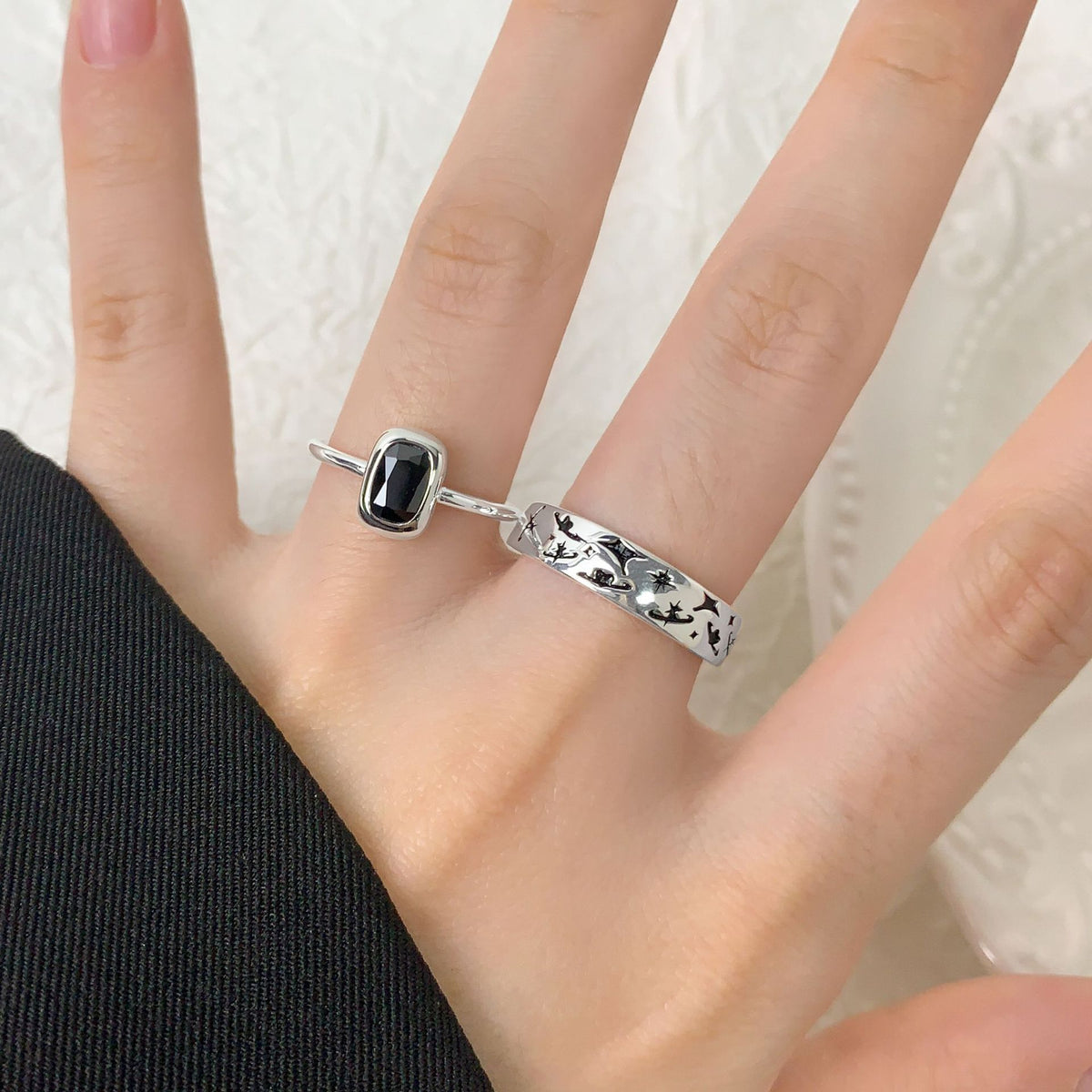 Party Black Graffiti Star Moon 925 Sterling Silver Adjustable Ring