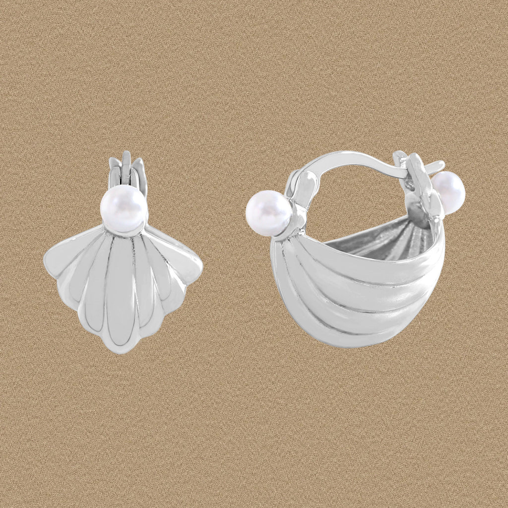Girl Cute Shell Pearls Conch 925 Sterling Silver Hoop Earrings