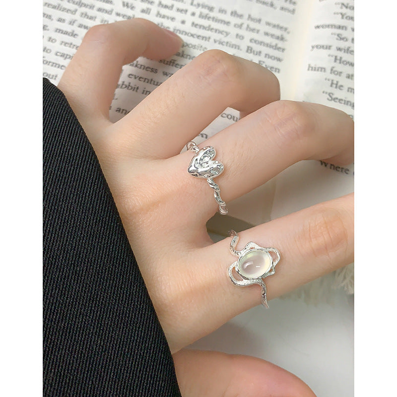 Geometric Design White Agate Stone S925 Sterling Silver Open Adjustable Ring