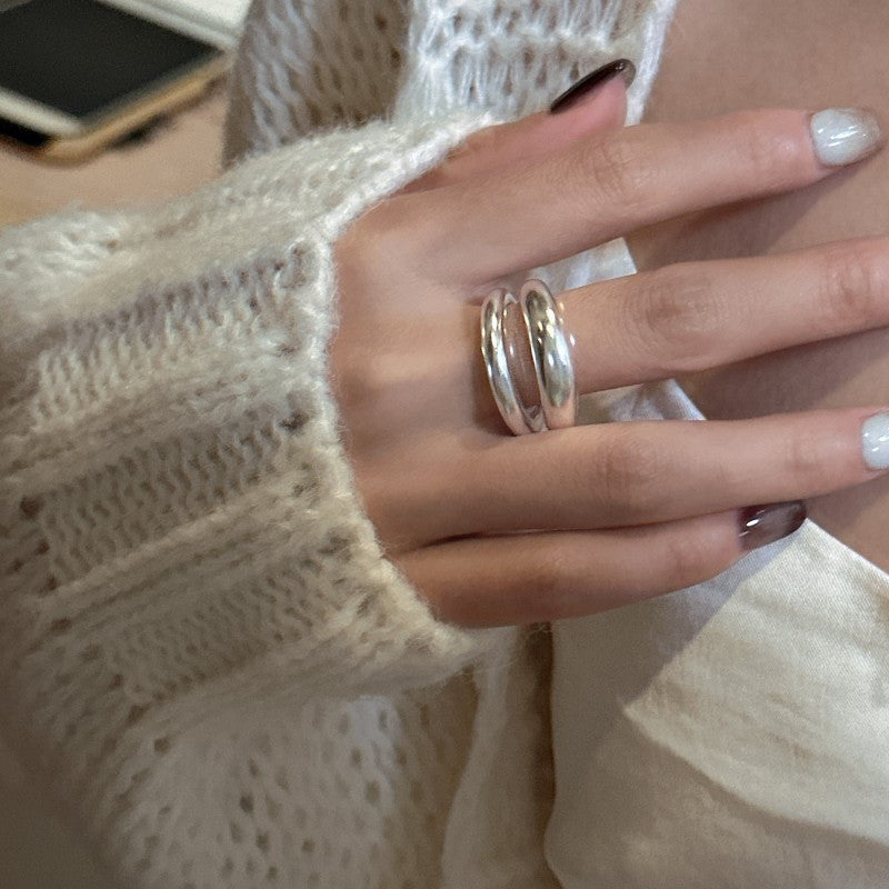Women Modern Minimalist Fashion Jewelry Irregular Double Layer Open Ring Solid 925 Sterling Silver Geometric Wrap Adjustable Ring