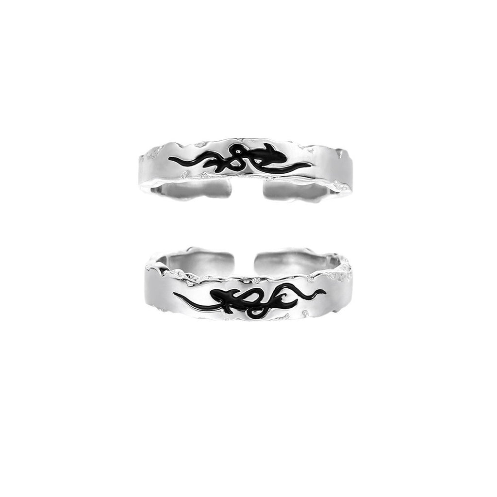 Pisces Chasing the Waves  S925 Sterling Silver Adjustable Couple's Ring Set with Black Enamel Openwork Rings