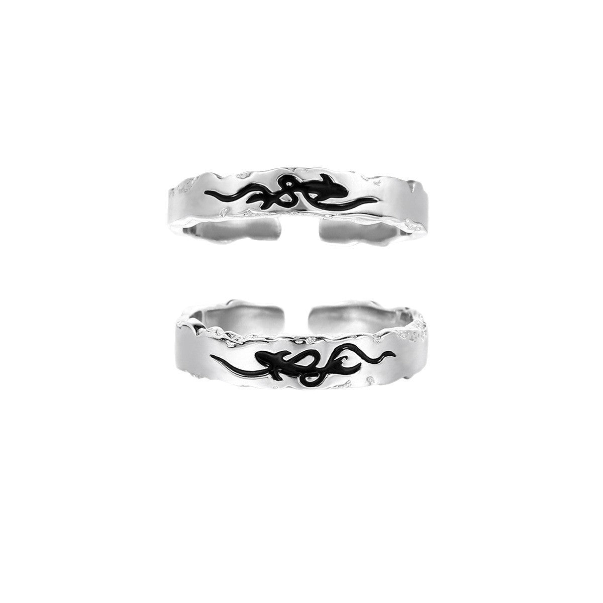 Pisces Chasing the Waves  S925 Sterling Silver Adjustable Couple's Ring Set with Black Enamel Openwork Rings